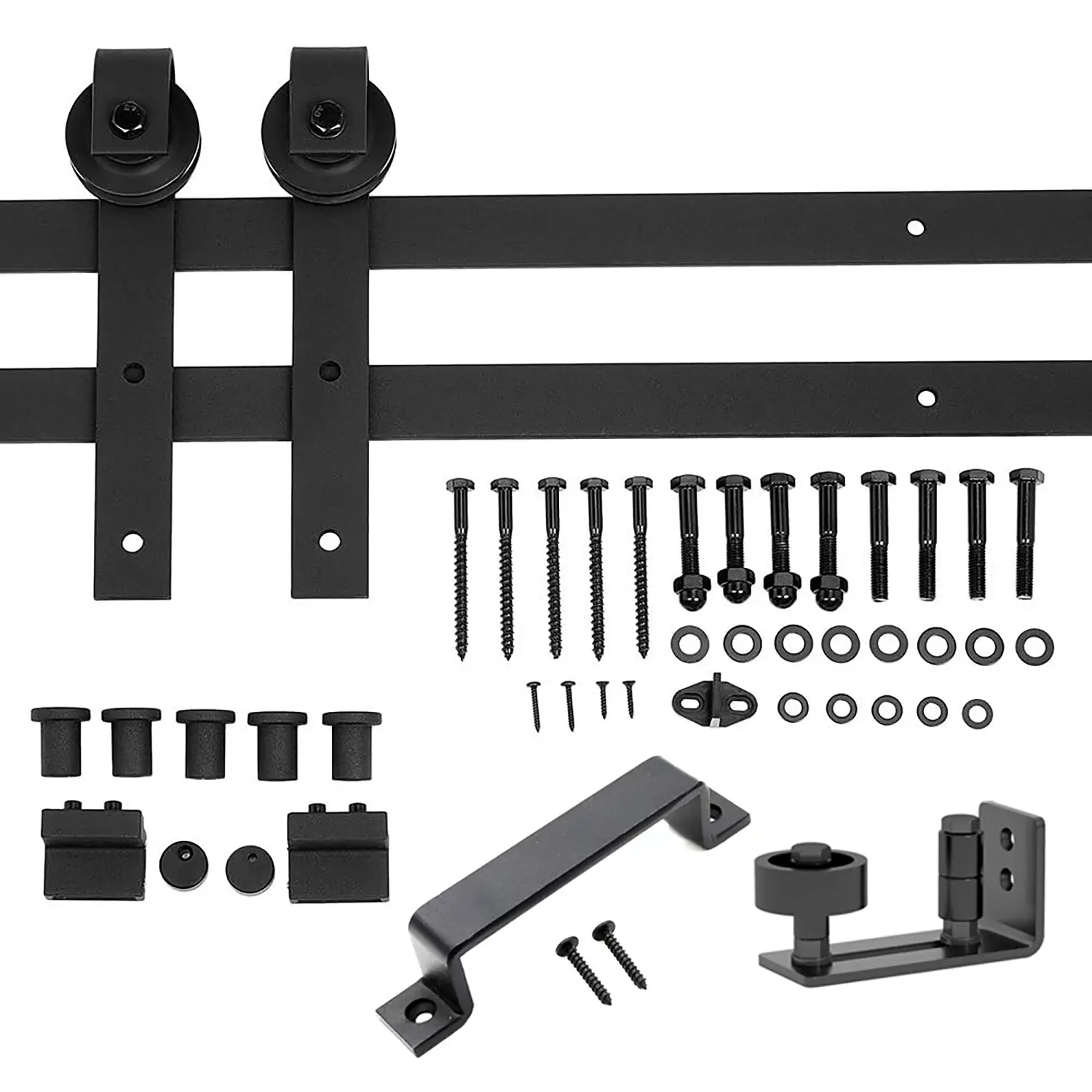 D ProTool CRAZY ELF Carbon Steel Complete Kit, 6.6ft Rail Heavy Duty Sliding Barn Hardware, Matte Black, 2 J-Shape Hangers, 2 Anti-Jumpers, 5 Rail Supports, Adjustable Floor Guide, Door Handle, 220lb Capacity, Fits 24"-36" Wide & 1 3/8"-1 3/4" Thick Doors