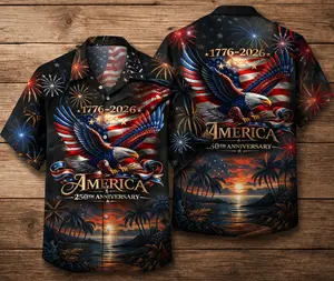 USA 250th Anniversary Hawaiian Shirt 1776–2026 Patriotic Eagle Fireworks America Shirt 4th of July Beach Party Summer Outfit