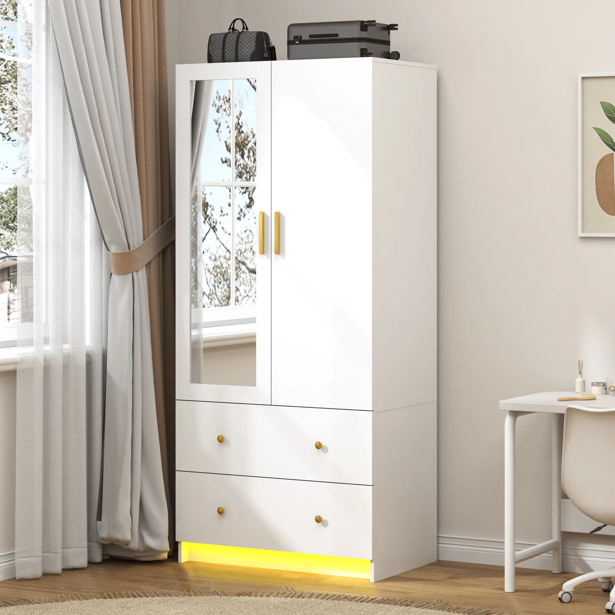 Modern 2-Door Wardrobe with Mirror, 2 Drawers & RGB LED Lights, Hanging Rod Closet for Bedroom Storage