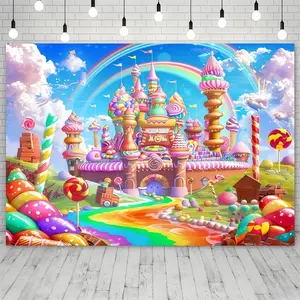1, 2d flat, sweet candy kingdom background cloth, contains lollipops, perfect for birthday celebrations themed with the sweetest candy, designed for women. Includes ice cream castle and rainbow party banner