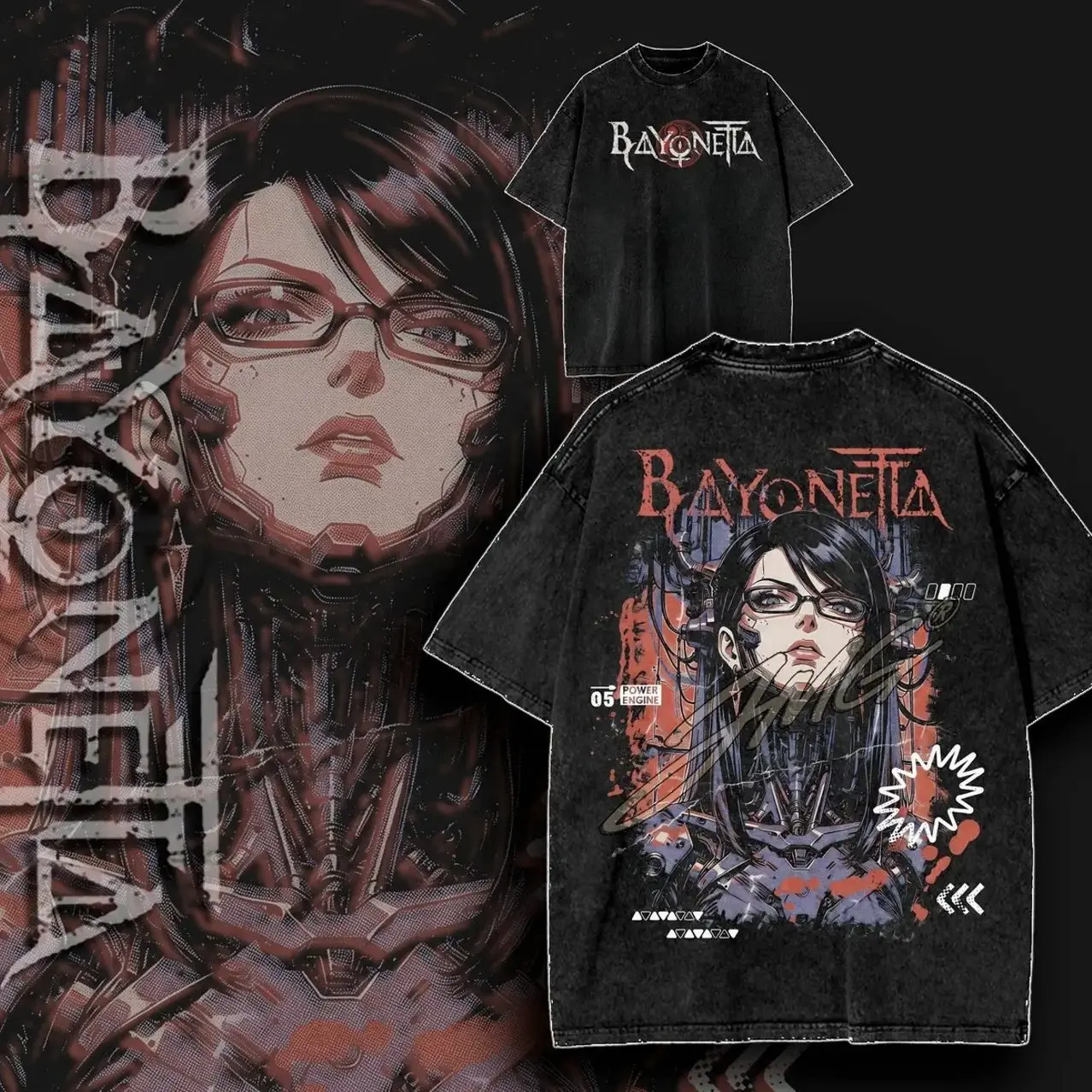 Bayonetta Cyberpunk Design Washed Lightweight Cotton TSHIRT, Vintage Gaming Tee, Gamer Streetwear Gift For Gamer Menswear Top Aesthetic Washed Print Unisex Top Neon Design M8T