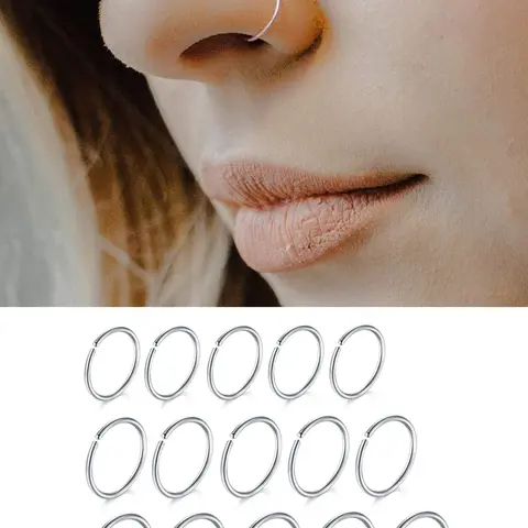 15pcs/set Plain simple Stainless Steel Nose Ring, Classic popular Cuff Nose Ring, Nose Piercings Kit, Fashion Body Piercing Jewelry Accessories for Women and Men, Nose Rings Set, Nosering