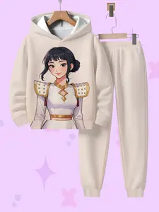 Girls' Spring & Fall Hooded Sweatshirt Set, Warm Comfortable Casual Style, Outdoor Trendy Gift Idea