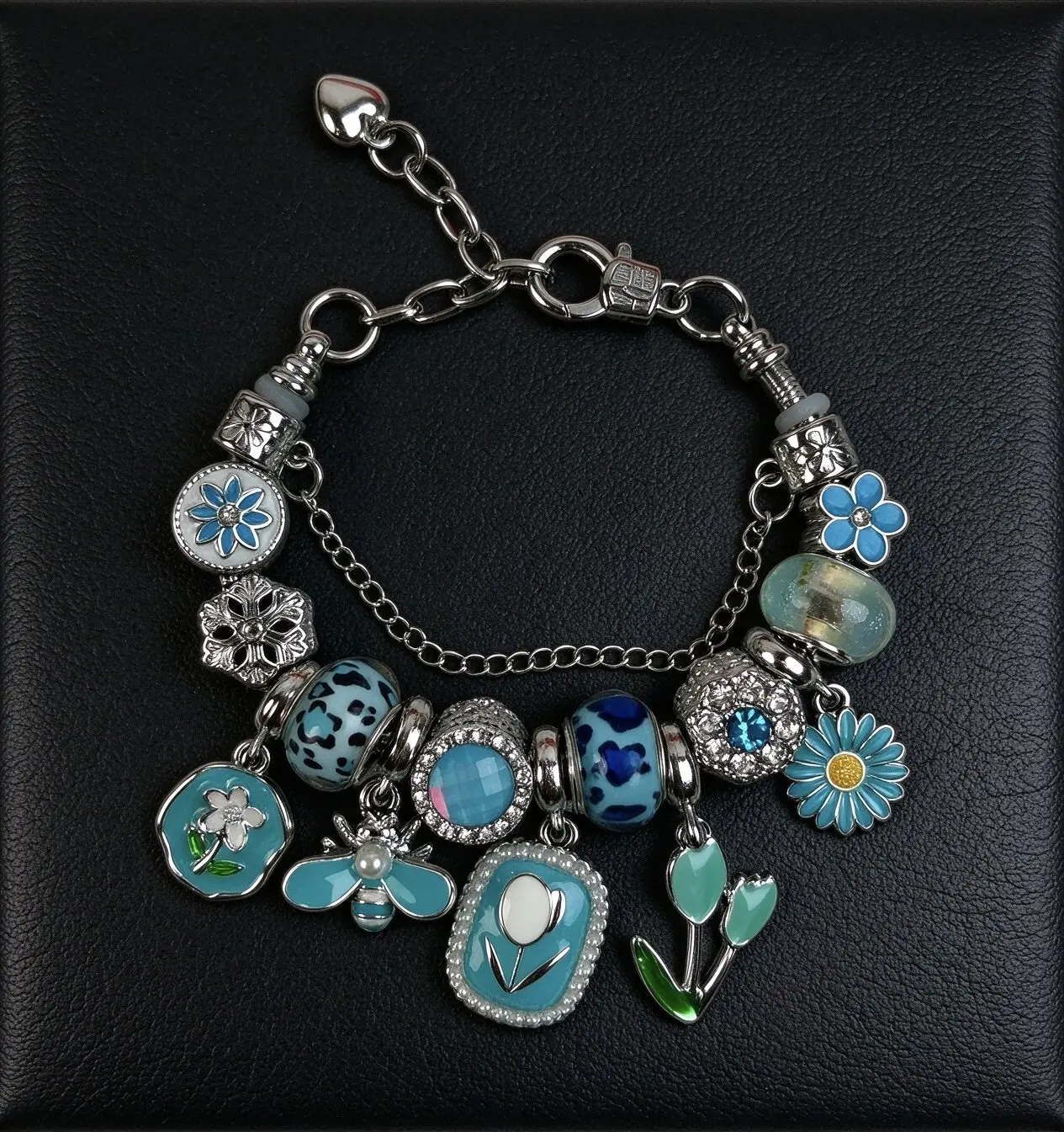 Women's Luxury Blue Green Enamel Charm Bracelet - Sparkly Rhinestone Floral Bee & Tulip Dangle Charms, Adjustable Snake Chain Bangle, Arm Candy Accessories, Bling Aesthetic Statement Sparkly Bracelets & Bangles, Wrist Candy Fashion Jewelry Birthday Gift
