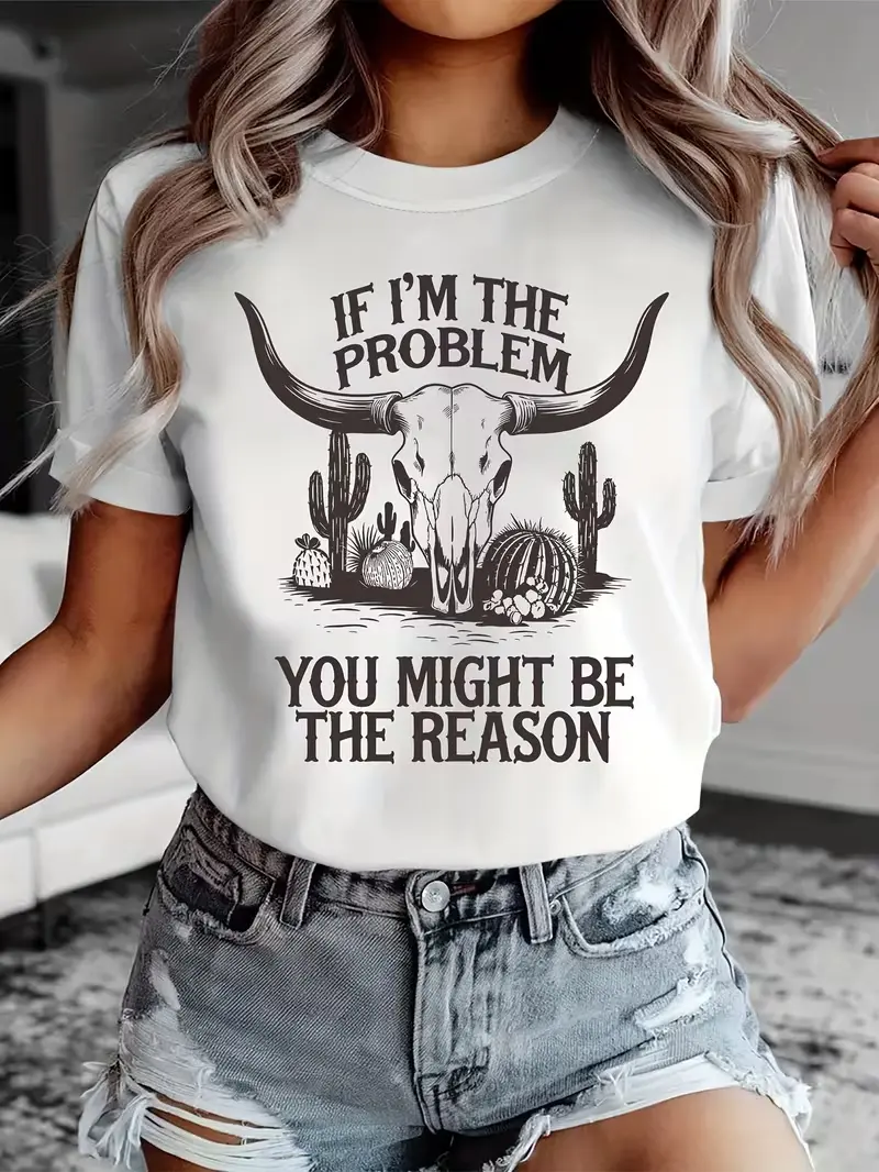 If I Am The Issue, Summer Fashion Features a Casual Women'S Short-Sleeve Shirt with a Desert Cactus And Bull Head Print