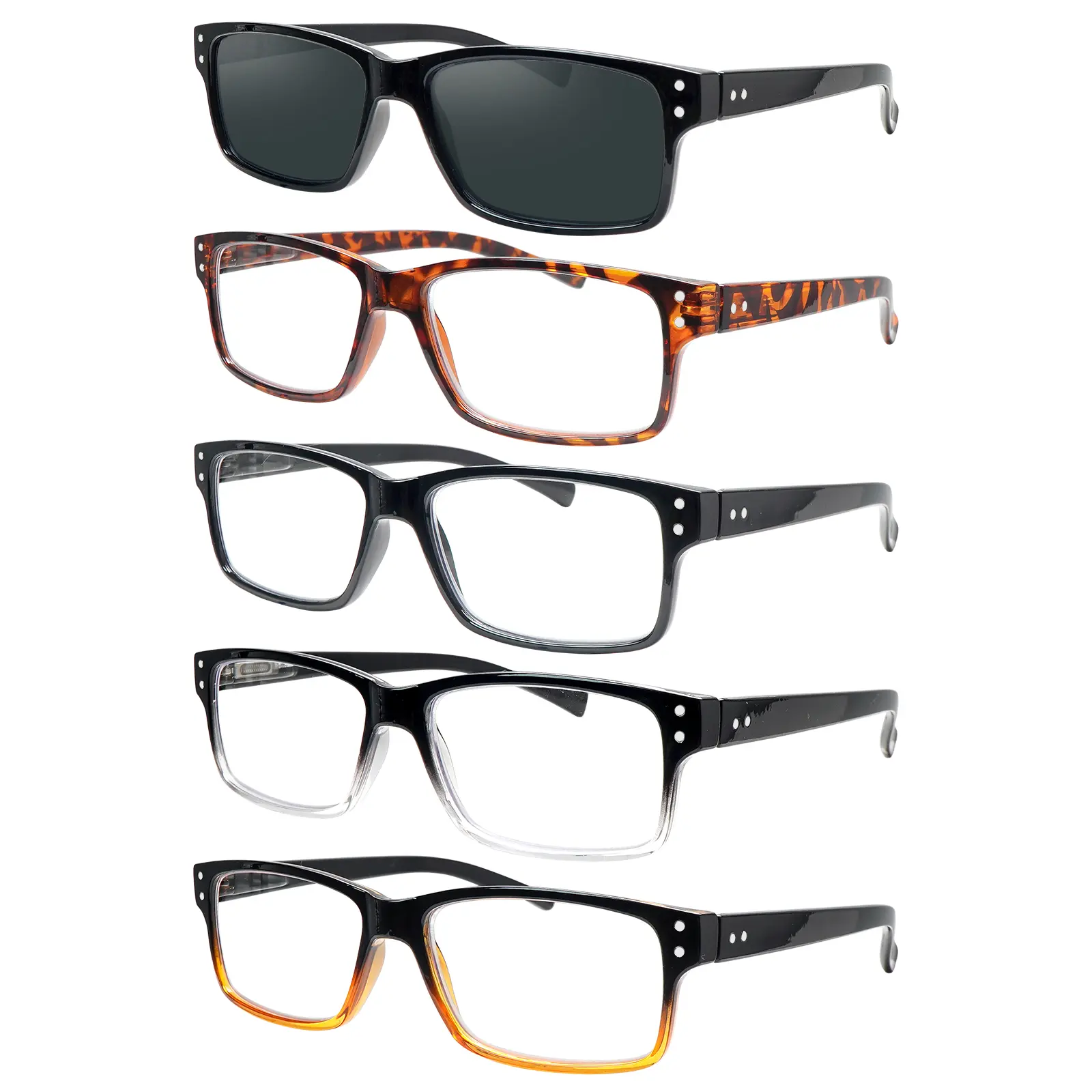 5-Pack Simple Anti-Blue Light Reading Glasses for Presbyopia, Unisex, with rectangular plastic frames and sturdy spring-loaded metal hinges. They help relieve eye strain and are the perfect choice for daily commuting and reading.