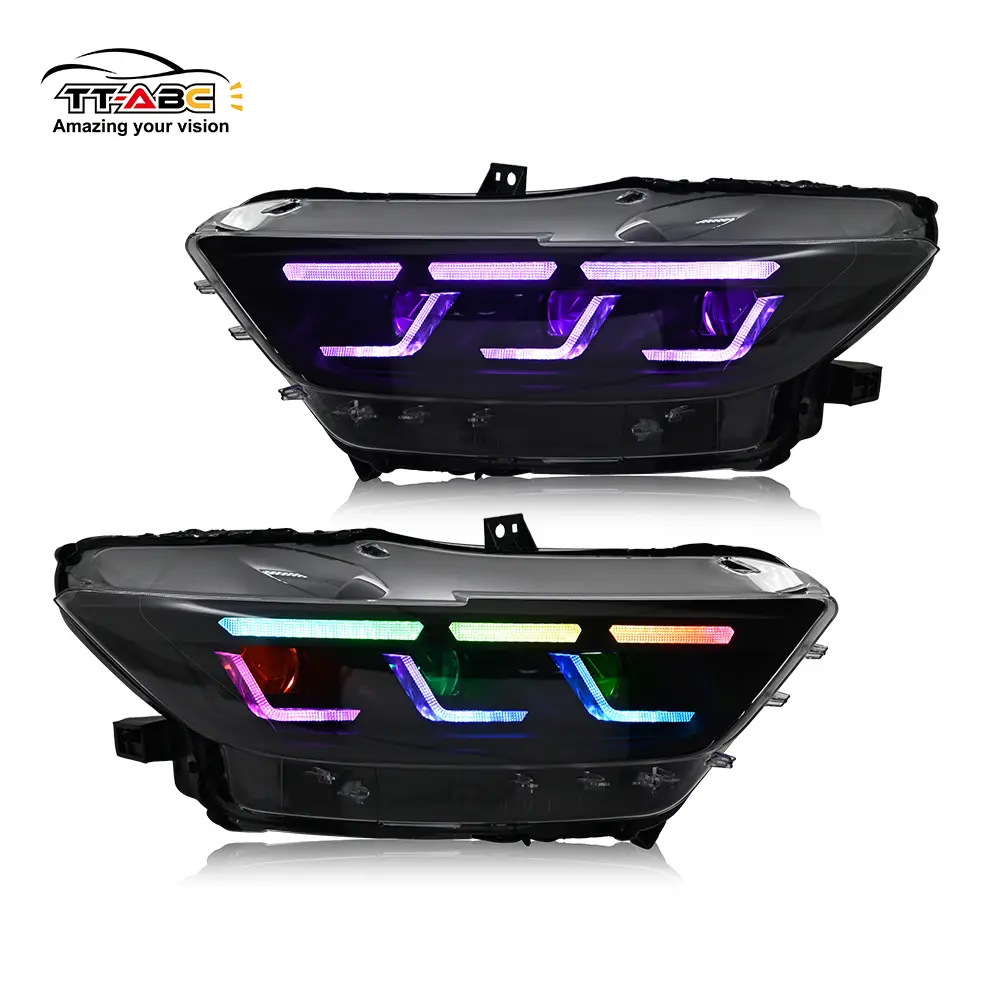TT-ABC RGB Triple Beam Lens Projector Car Lights Headlight Kit, LED Bulb-Equipped Front Lamp Assembly, Vehicle-Specific Headlight Replacement for 2015-2017 Ford Mustang S550, Easy Installation, Manufacturer Warranty