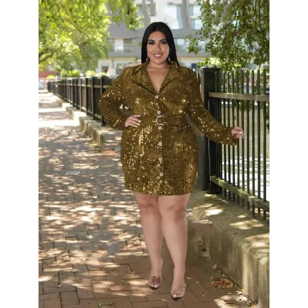 Luxurious Gold Sequin Mini Dress - Slim Fit with Notched Neckline & Sash Decoration for Autumn Party Wear - Polyester Lycra Material