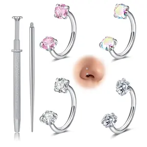 20G(0.8mm) 8mm Horseshoe Nose Hoop Internally Threaded Gems Nose Ring with Free Ball Holder chain link cuban