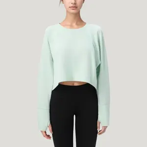 Anna-Kaci Active Women's Cropped Long Sleeve Active Top with Relaxed Fit and Crew Neck Design - Small, Green