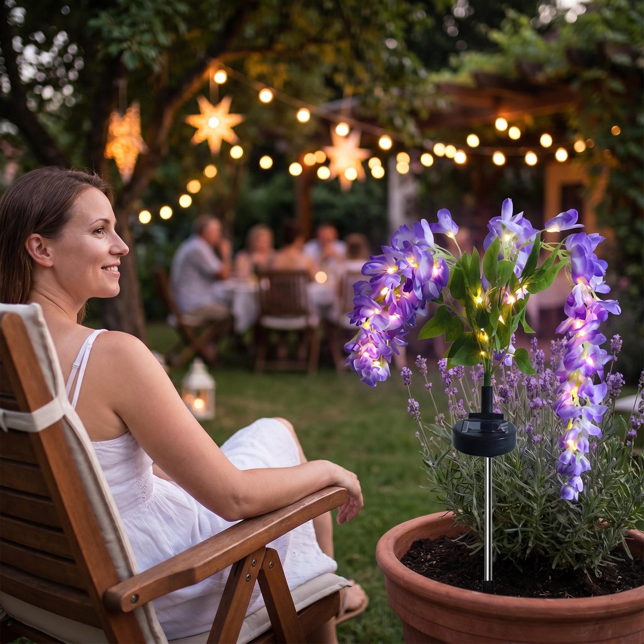【AshKnoll】Solar Wisteria Flower Bouquets Ground-Stake String Light, Wireless Waterproof Artificial Decor with Ground Insertion for Garden, Patio, Potted Plants