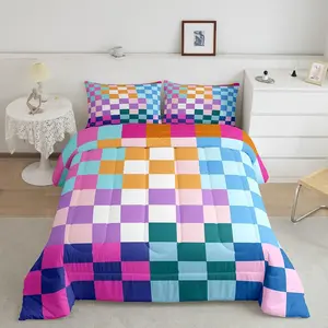 Multicolored Checkered Retro Bedding Set Kids Boys Girls Geometric Vintage Comforter Set Rainbow Colorful Soft Duvet Insert Modern Simple Groovy Aesthetic Room Decor