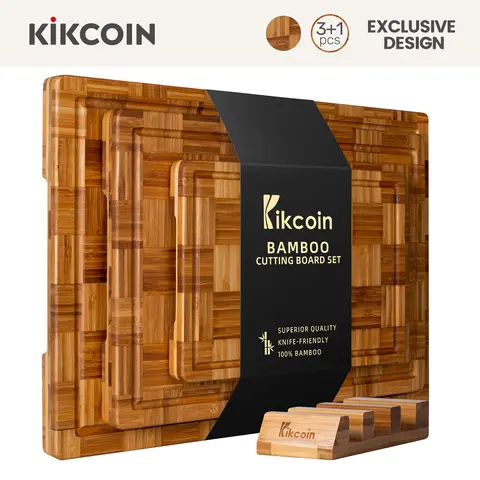 [SummerWins] 3PCS Anti-Bacterial End-Grain Bamboo Cutting Boards with Holder - Extra Large Rectangular, Checkered Charcuterie Board, Serving Tray with Handles & Deep Durable Juice Groove, Kitchen Gift Idea