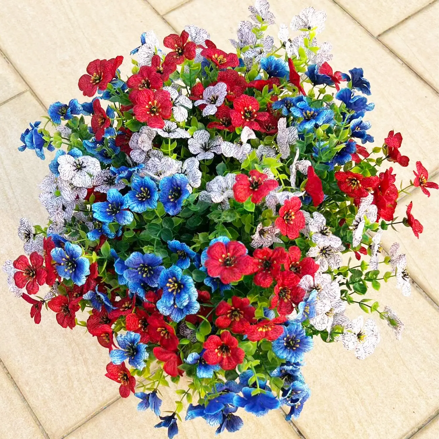 12Bundles Artificial Spring Flowers Outdoor Faux Plants UV Resistant Fake Patio Flowers Plastic Greenery Plnats Outside  Garden Yard Porch Patio Balcony Indoor Decor Decorative Faux Flower Artificial Flower Arrangements Artificial Bouquet(Blue White Red)