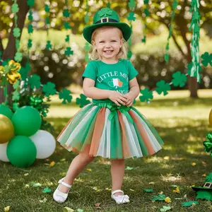 Girl Irish Day Skirt Outfit Short Sleeve O Neck Letter Print Tops Green Tulle Skirt Set