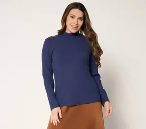 Susan Graver Rib Knit Mock Neck Top with Buckle Detail