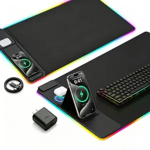 Large LED Desk Mat, RGB Gaming Mouse Pad with Wireless Charging & Phone Stand, Multiple RGB Lighting Modes, Fast Charging for iPhone & AirPods, Non-Slip Base, Smooth Waterproof Surface, Desk Decor for Gamers, Home & Office Essentials