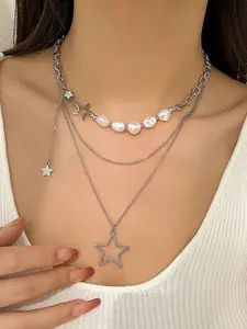 Silver Y2K Necklace Star Stackable Necklaces Chain y2k Accessories Jewelry Dainty Stacked Pearl Necklace Long Necklaces for Women Party Club Music Festival Accessories