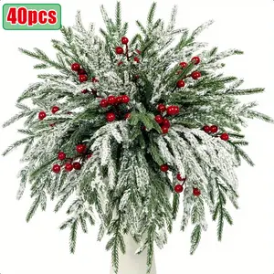 40Pcs Premium Christmas Norfolk Pine Sprigs With Red Berry, Lifelike Christmas Greenery Stems For DIY Crafts, Garland Making, Gift Topper, Seasonal Craft Supplies, Holiday Home Decor, Christmas Wreaths, Christmas Decorations For Home