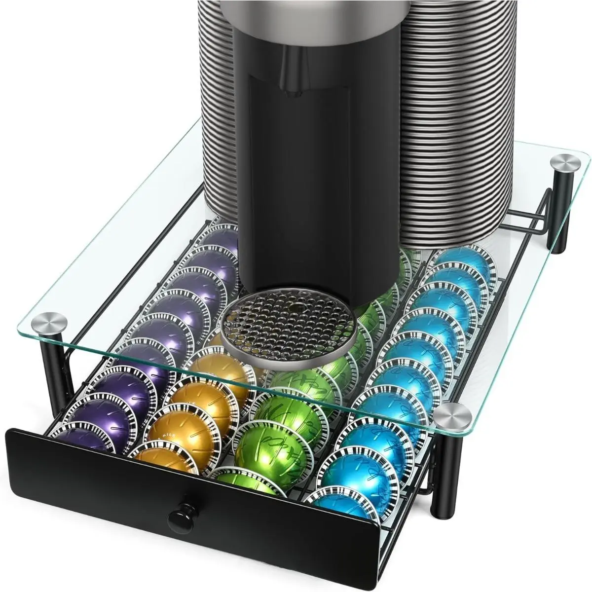 GOITHCA Coffee Pod Drawers, Crystal Tempered Glass Pod Holder Drawer Compatible with Nespresso Capsules, Holds Up to 40 Capsules, Size 13"x14.7"x3.5"