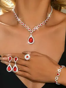 Teardrop Crystal Bridal Jewelry Set, Bling Rhinestone Necklace Earrings Bracelet Ring, Wedding Party Gift, All Seasons Casual Style