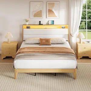 Garvee Queen Size Boucle Bed Frame with LED Lights & Charging Station ,Bed Frame with 2 Storage Headboard,No Box Spring Needed, Easy Assembly, Noise-Free, Queen