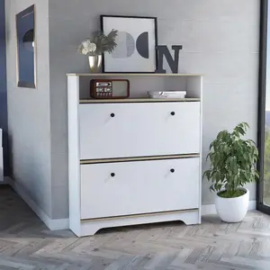 Calgary Shoe Rack, Superior Top, One Open Shelf, Two Extendable Shelves -Light Oak / White-B20092079