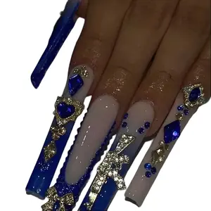 24pcs Long Square False Nails Blue French Style With Yves Klein Blue Rhinestones 3D Metal Gun Heart Luxurious Full Cover For Women Acrylic Soft Gel Press On Nails