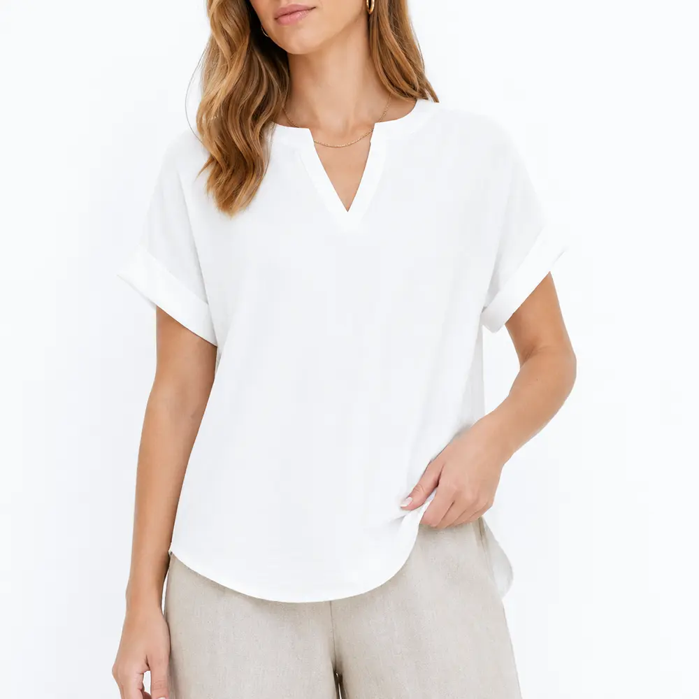 Women's Summer Casual Tops, Split V Neck Short Sleeve Blouses, Rolled Cuff Dolman Shirts, Lightweight Breathable Tunic, 2026 Fashion Loose Fit Everyday and Work Basic Outfits