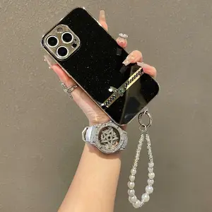 With Pearl Bracelet Phone Case For OPPO A6s A3 A3X 2024 A5X A6X A6 A5 PRO Reno 15 15F 14 12 13 Pro Max 12F 13F 14F 5G Lanyard Hand Straps Plating Women Girl Cover