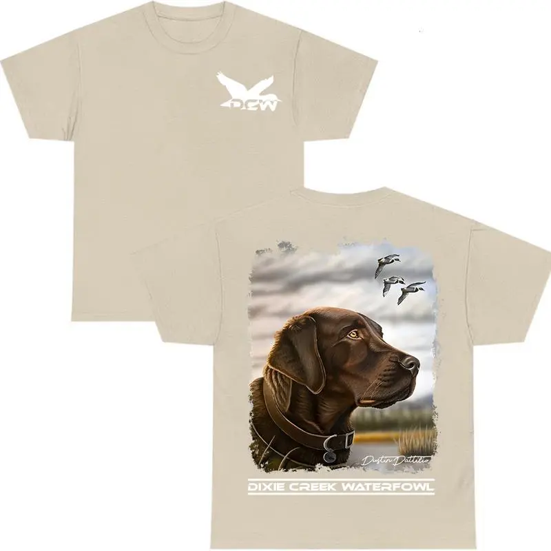 Chocolate Lab Hunting Dog T-Shirt 2 Sides with Realistic Back Print and Chest Logo, Country Outdoor Apparel for Men & Women, Duck Hunting Gift Idea