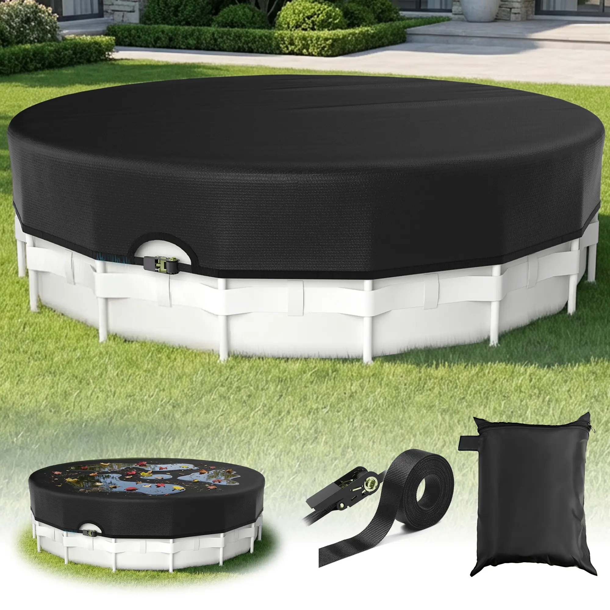 Upgraded 18FT Round Above-Ground Swimming Pool Cover - Heavy-Duty Lock, Waterproof, Windproof, UV Protection, Dustproof Solar Inflatable Supply for Above-Ground Pools Cleanup, Keeps Pool Clean