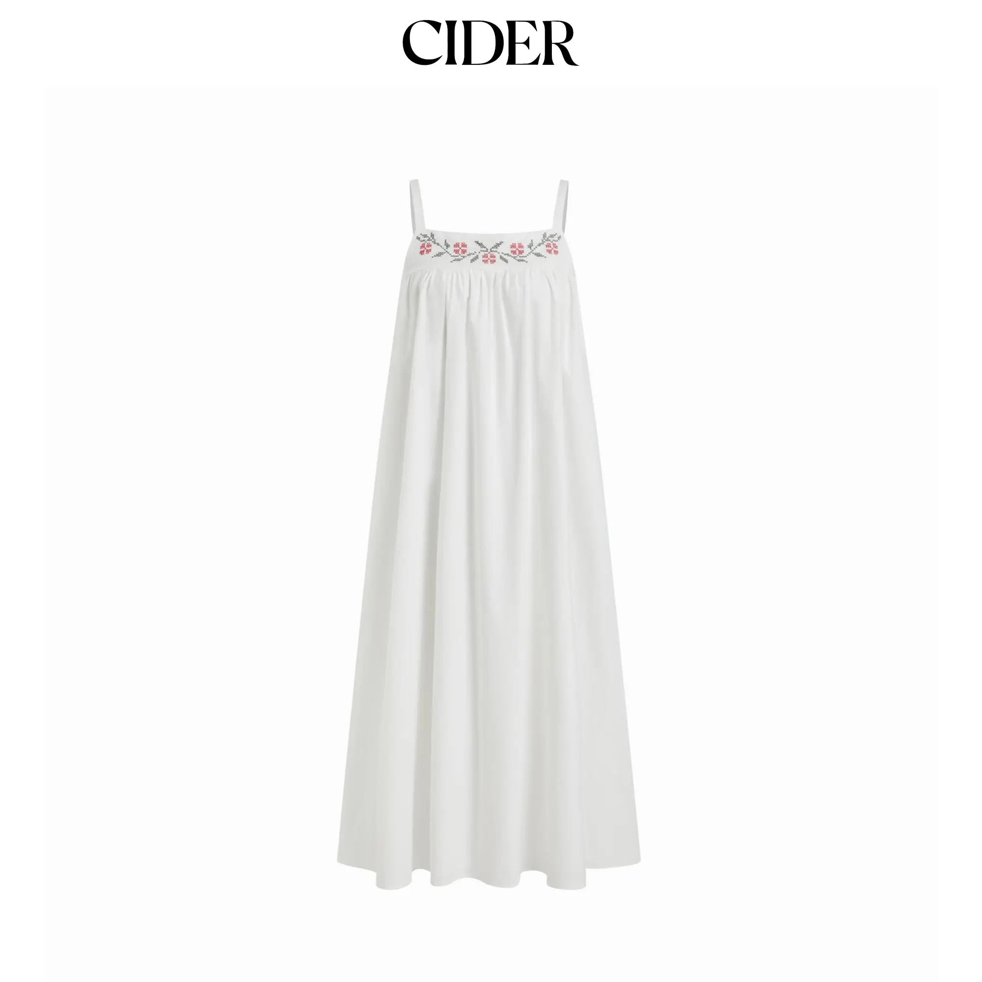 Cider Cotton Floral Graphic Square Neck Embroidery Maxi Dress