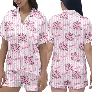 67 Hearts Pink Striped Pajama Set, Cute Bow Card Game Sleepwear For Women, Soft Aesthetic Lounge Outfit | 311225.R2374.ID00
