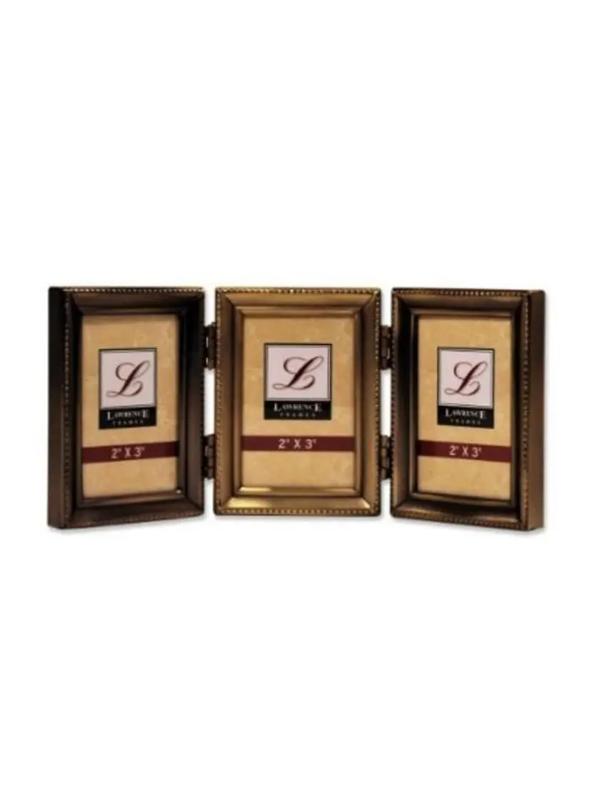 Lawrence Frames Lawrence Frames Antique Gold Brass Hinged Triple 2x3 Picture Frame - Beaded Edge Design