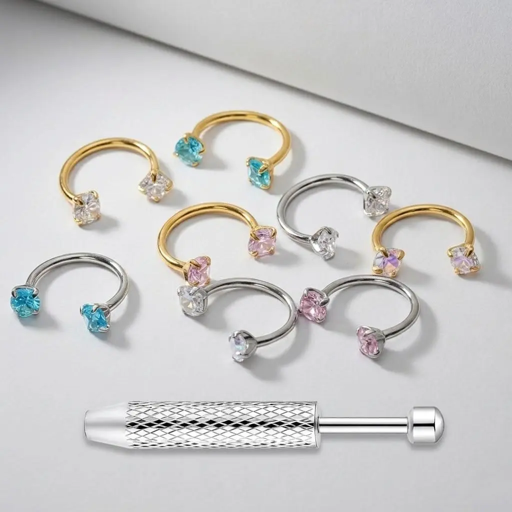 8pcs 18G Internally Threaded Horseshoe Nose Ring Value Pack (8pcs) - 8mm Gem Hoops Piercing Jewelry with Free Auxiliary Tool Ball Holder