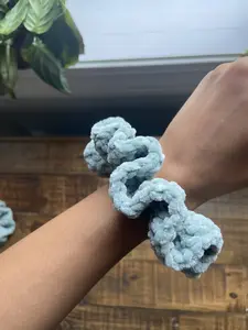 Thread Happy Satin Crochet Scrunchie - Soft Aqua Blue Yarn, Sleek Look, Versatile Hair Accessory