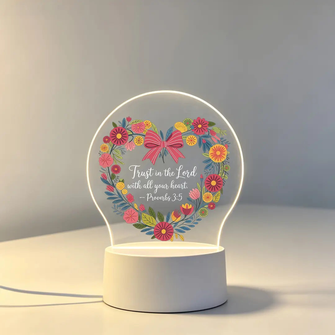 Heart Floral Wreath Acrylic LED Table Lamp, Trust in the Lord Engraved Scripture Decor Light, USB Powered Inspirational Religious Gifts for Women, Bedroom Desktop Decorative Lighting