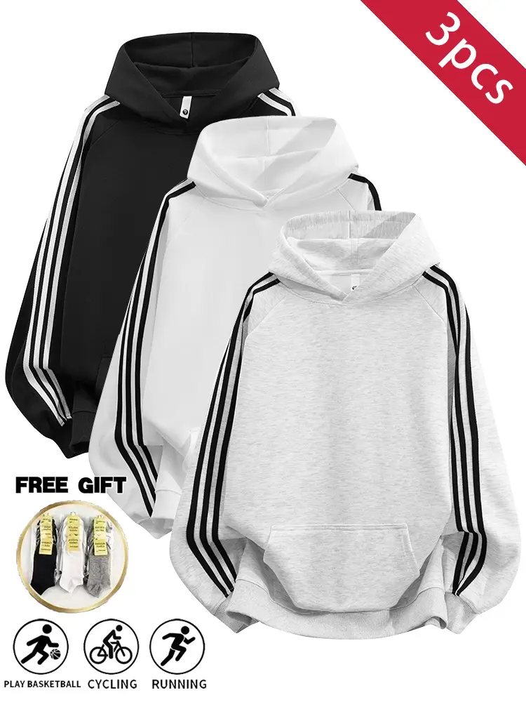 3-piece men’s lightweight, breathable classic three-stripe hooded sweatshirt set—lightweight pullover hoodies, sports tops for spring/autumn casual wear, available in multiple colors, includes free gift socks; suitable for cycling, running, and everyday s