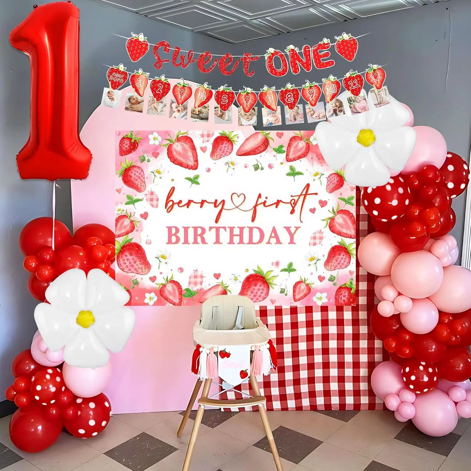 Strawberry-Daisy Party Decorations Banners, 1st Birthday Photo Backdrop for Girls, Sweet 1 Newborn Baby Shower Home Festive Supplies