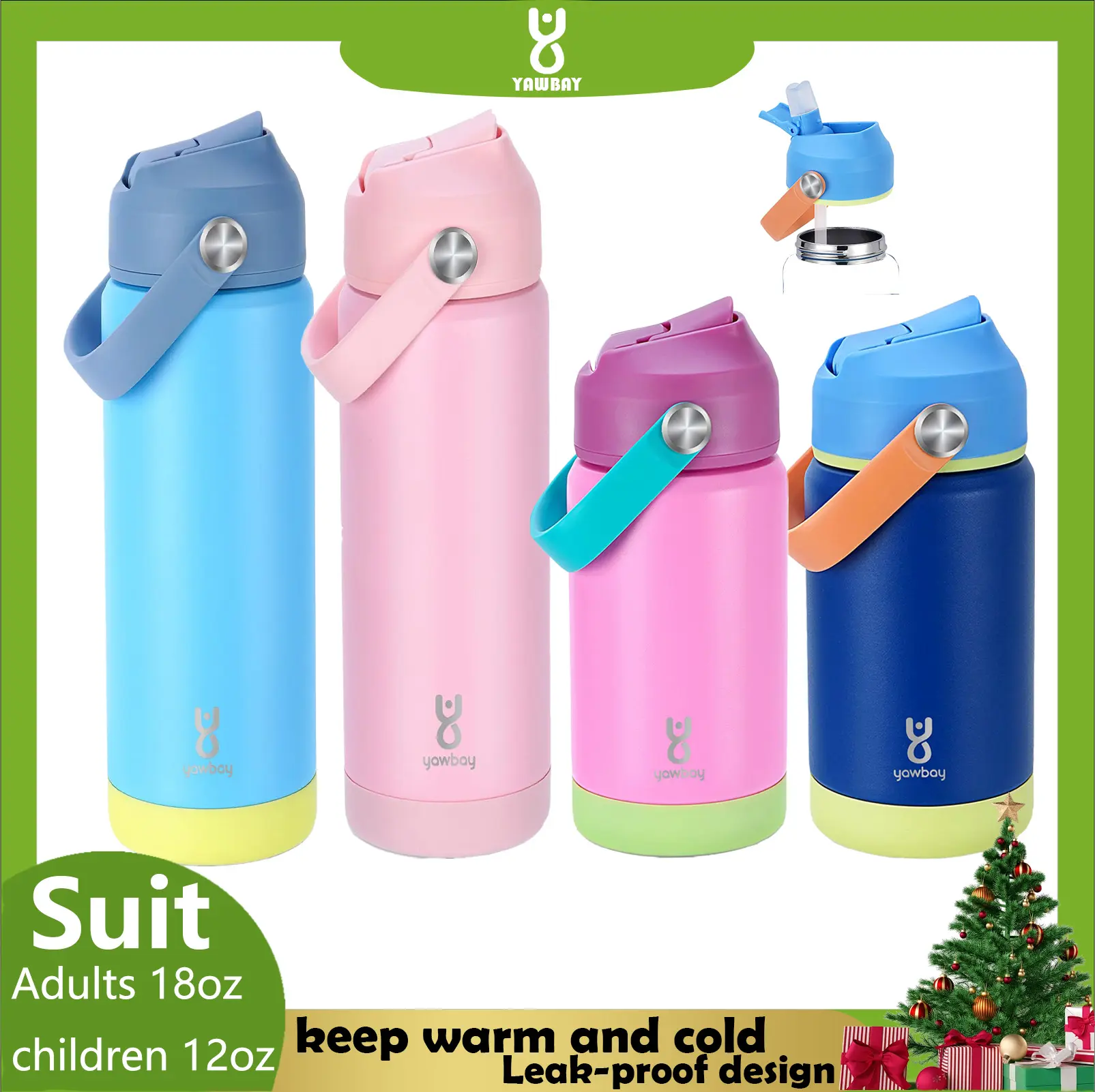 Yawbay Stainless Steel Vacuum Insulated Tumbler Flask - 12-18oz Adult Water Bottle, Quiet-Grip Non-Slip Base, Leakproof Wide Mouth Straw Lid, Tapered Bottom for Car Cup Holders, Easy-Cleaning, BPA-Free Double-Wall Portable Drinkware
