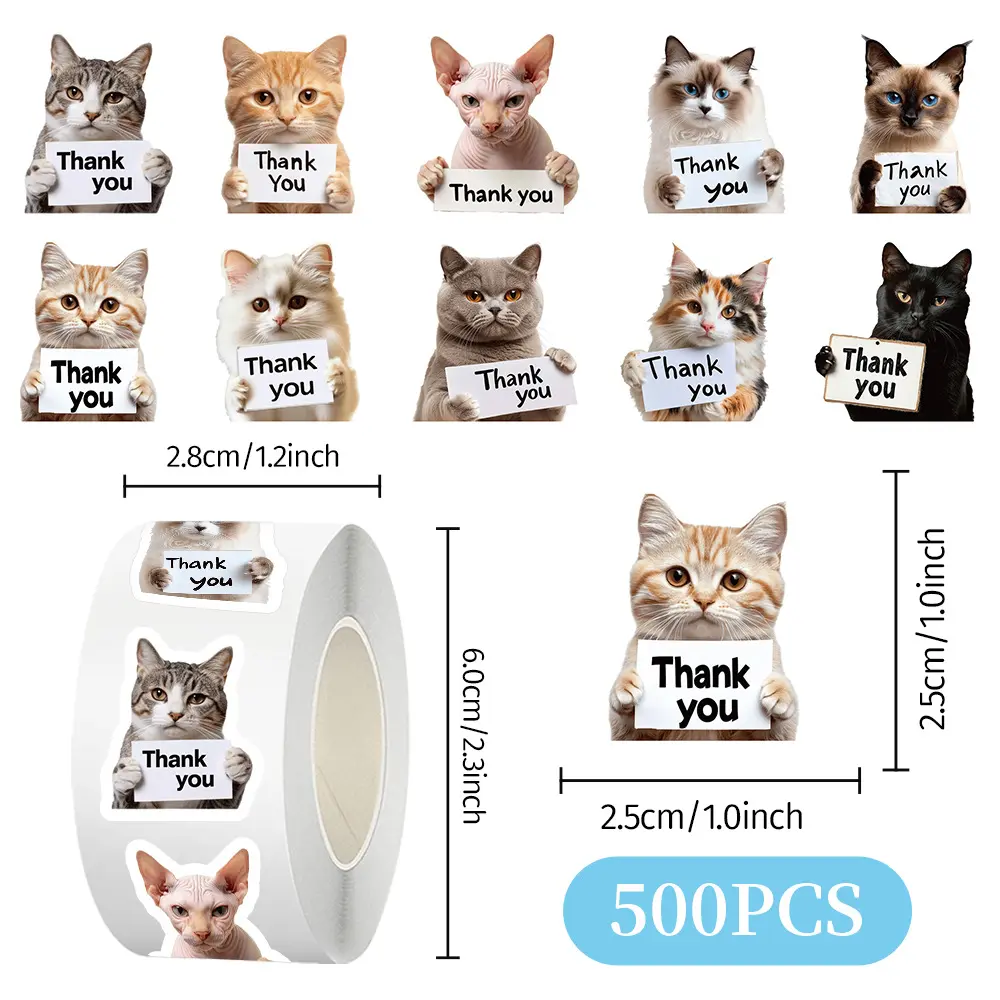 Christmas Gift Label Sticker, 500 count Thank You Stickers Roll Cute Kitty Self-Adhesive Labels for Small Business Packaging Envelope Seals Wrapping DIY Crafts Decor Pet Store Greeting Cards Party Favors Bags Boxes