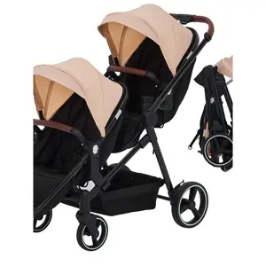 Foldable Tandem Stroller for Infant and Toddler - Convertible Bassinet Pushchair with Multi-Position Reversible Seat & Adjustable Backrest, Large Storage Basket, Canopy & 5-Point Safety Harness