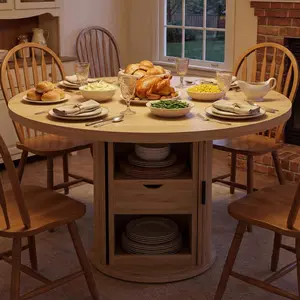 Garvee 47" Round Dining Table with Farmhouse Style, Featuring 2-Layer Storage Shelf and Drawer, Suitable for 4-6 People, Ideal for Dining Room, Kitchen, Living Room in Natural, Walnut, or Black Finish