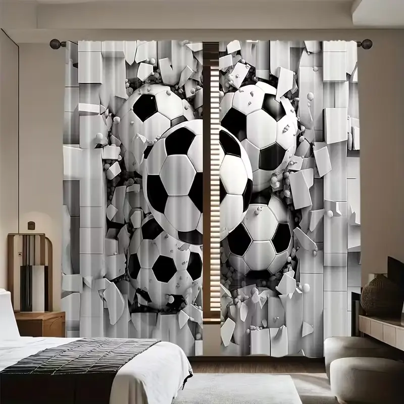 2 Piece Football Print Curtains, Semi-Transparent Privacy Window Decor, Soccer Decoration for Living Room Bedroom Game Room