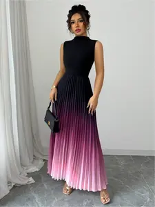 A black gradient round-neck sleeveless pleated long dress for ladies, exuding elegant charm and suitable for all kinds of casual wear.