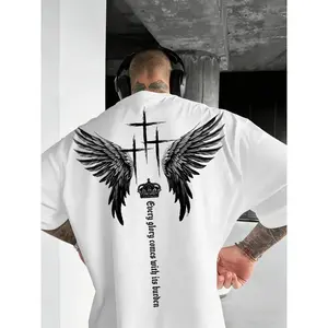 Men's Glory & Weight Saint Wing Cross Faith Print Short Sleeve T-Shirt, Seamless Loose Fit for Daily, Casual, Streetwear, Street Style, Summer Essential, Menswear
