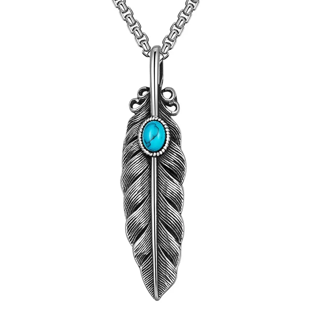Necklaces For Men Feather Fashion Turquoise Pendant Charm Long Cool Punk Boho Bohemian Minimalist Retro Vintage Feather Wing Necklace Handmade Non Tarnish Metal Stainless Steel Jewelry Indian Ethnic Style Tribal Accessories Daily Wear Father Day Gift outd