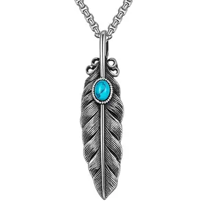 Jemant Feather Necklace For Men Women Silver Stainless Steel Vintage Punk Unique Boho Long Turquoise Feather Pendant Charm Necklace Non Tarnish Box Chain Metal Jewelry Indian Ethnic Style Tribal Accessories Birthday Gift For Cowboy Cowgirl Father Son