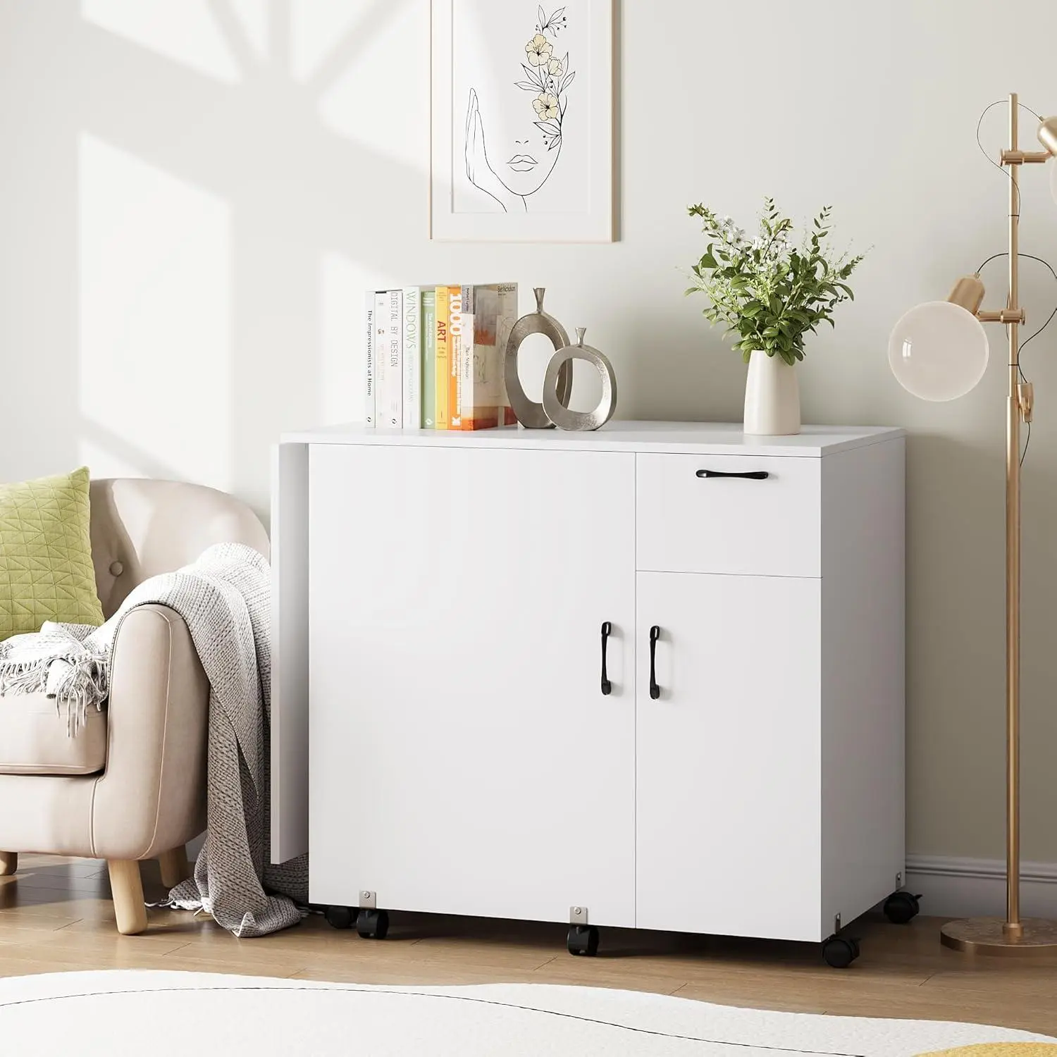 GARVEE Folding Sewing Machine Table with Storage Shelves and Sliding Drawer, Rolling Side Desk for Sewing Machine, Craft Station with Lockable Wheels for Home, Bedroom, Small Spaces, White